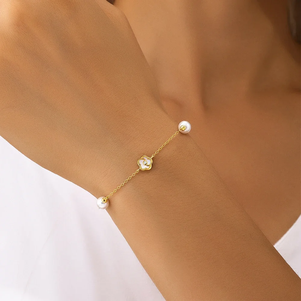 KO 925 Silver Golden Ins style simple outfit with five petal flower white shell element pearl bracelet Women jewelry party