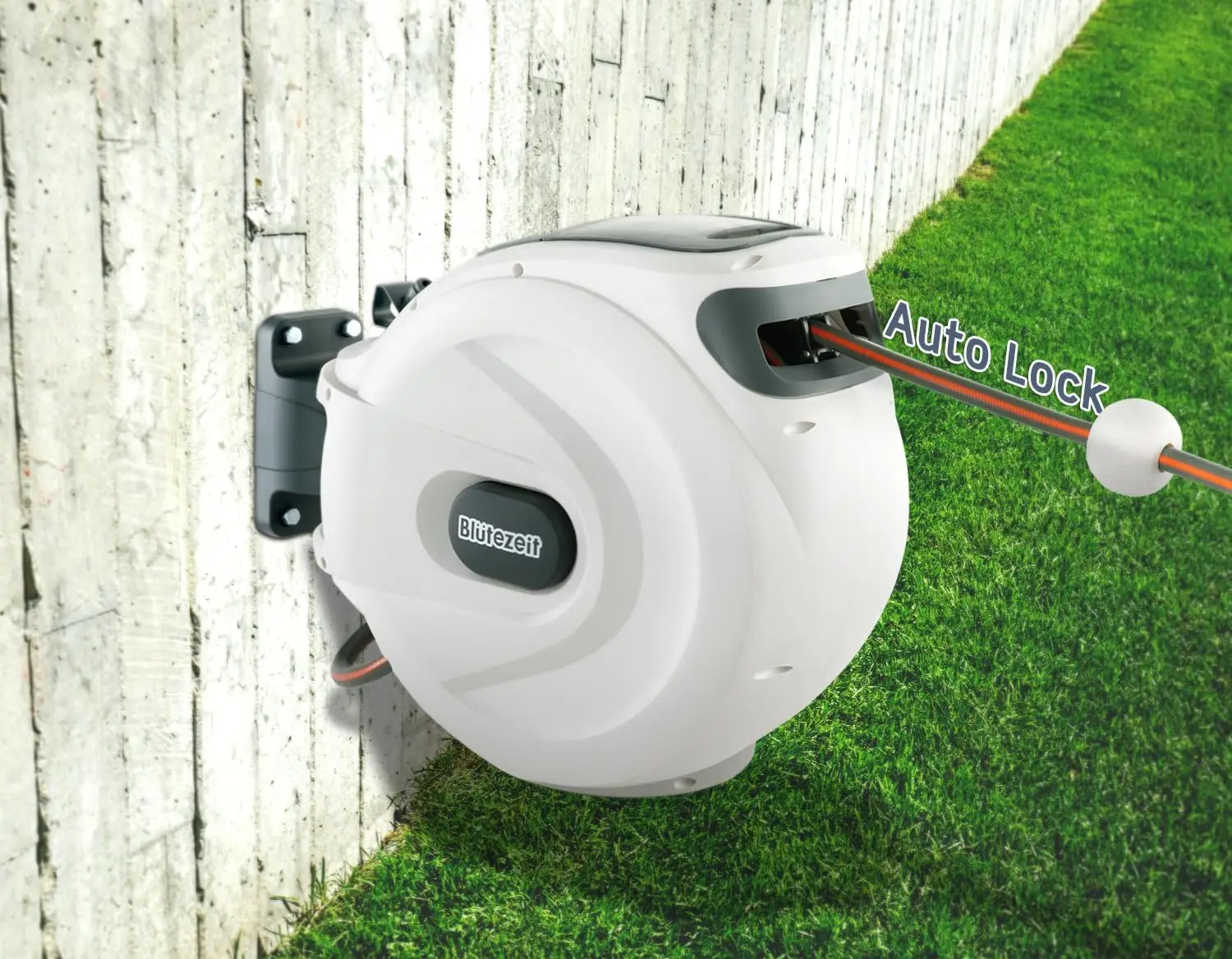 Blütezeit Retractable Garden Hose Reel, 1/2'' X 100Ft Hose Reel Wall-Mount With 10-Function Spray Nozzle, Any Length Lock/180°