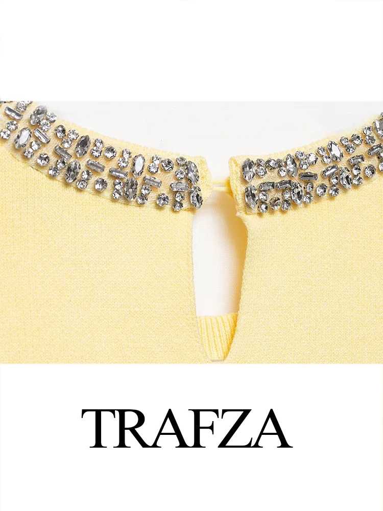 

TRAFZA Women Summer Simple Round Neck Pullover Jewelry Knitted Top+Female Elegant Wide Pleated Knitted Mini Skirt Suit 2 Color
