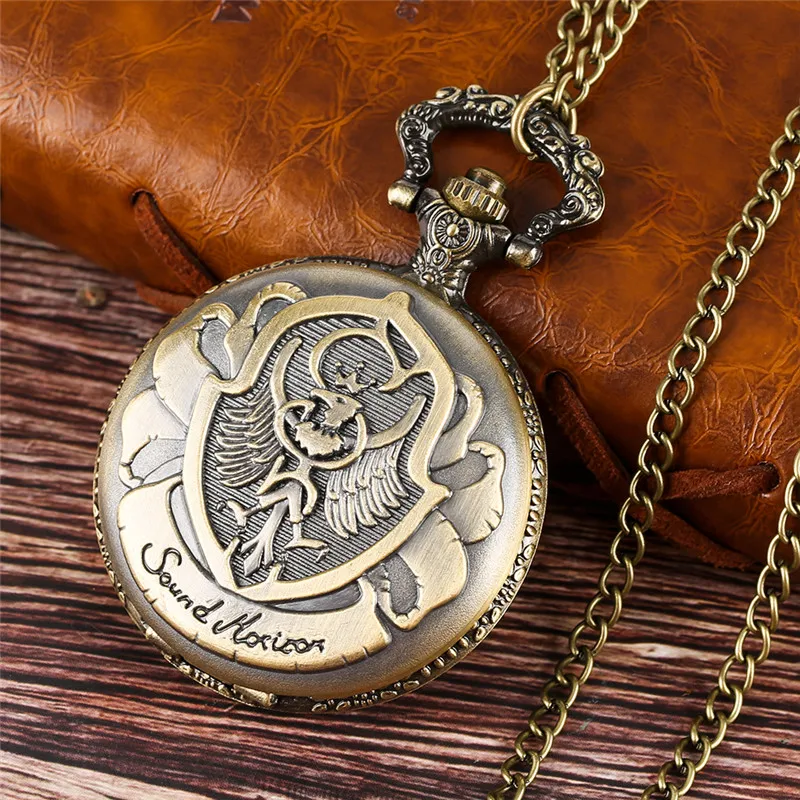 Bronze Polish Eagle Pattern Men Women Quartz Analog Pocket Watch Pendant Necklace Chain Arabic Number Display