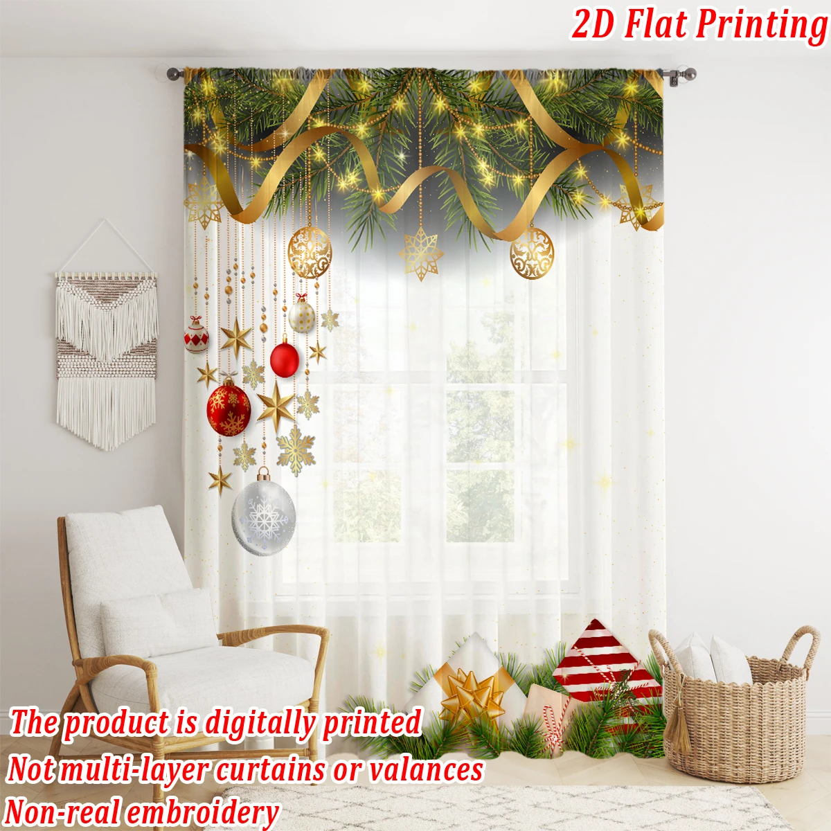 Christmas Flat Printing Sheer Curtain with Christmas Snowflak Ornament Star Gift Box for Living Room Bedroom Decor Holiday Party