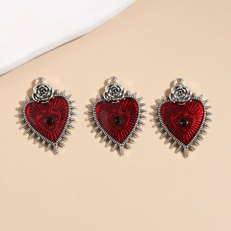 5pcs Silver Color 33x25mm Gothic Punk Enamel Heart Charms Flower Eye Pendant Fit Earrings Jewelry Making Handcrafted Accessories