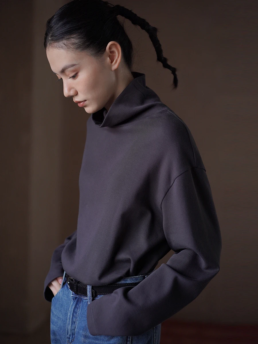 

Высококачественная трикотажная футболка Hacikis с длинным рукавом, свободного кроя, с высоким воротником, с эффектом похудения, удобная, дышащая, из смесового хлопка.