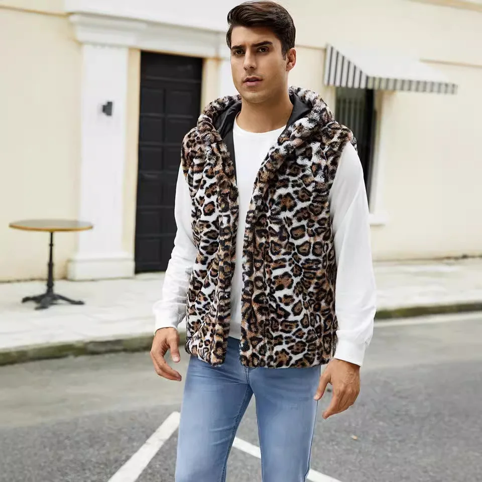 Winter New Fashion American European Men's Leopard Casual Trendy Sleeveless Hooded Faux Fur Vests Male 2025 Clothes Coats Tops