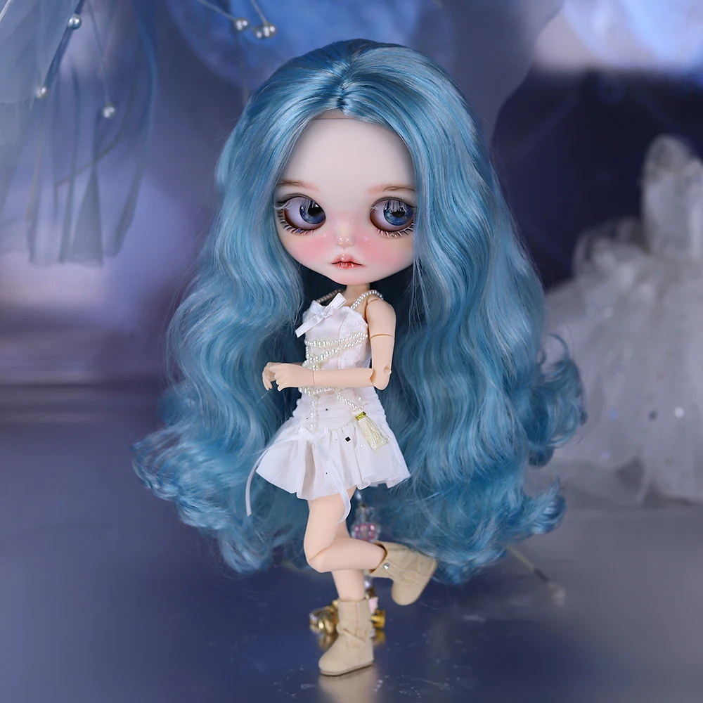 Snowy Blue Ooak ICY DBS Blyth Doll Carved Lips Matte Face 1/6 BJD Azone S Joint Body Anime Toy