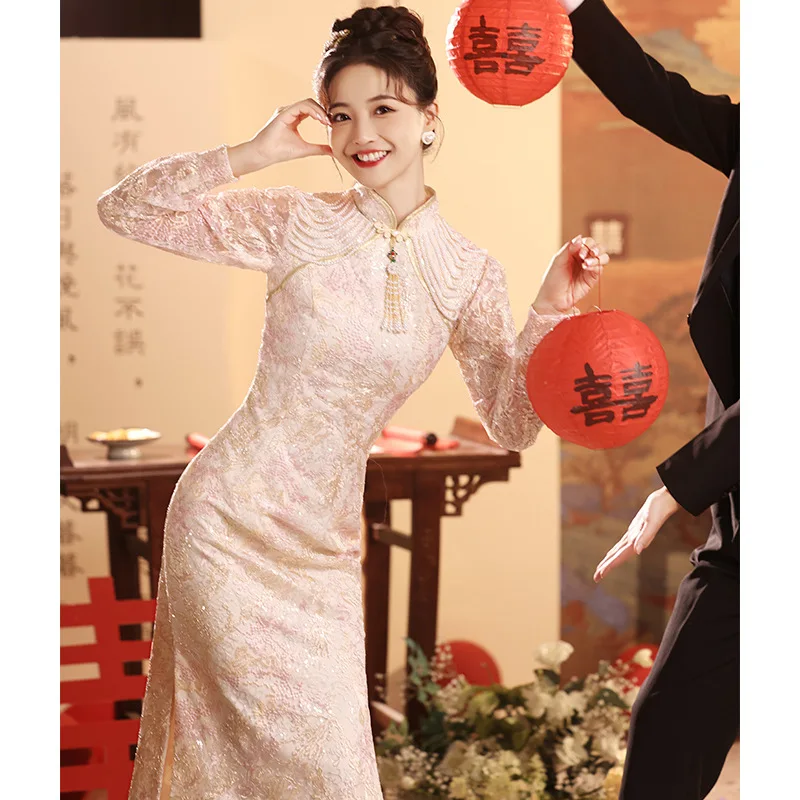 

Ele Pink Embroidered Wedding Dr New Bride Entrance Ceremony Drinking Ceremony Long Sve Evening Gown
