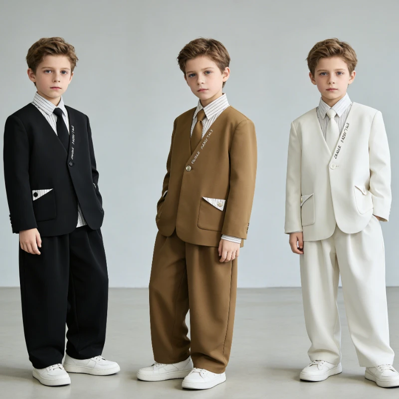 

Boys Letter Embroidery V-Neck Blazer Suit Set School Kids Formal Outfit Striped Shirt Pants for Wedding Party Host Performance