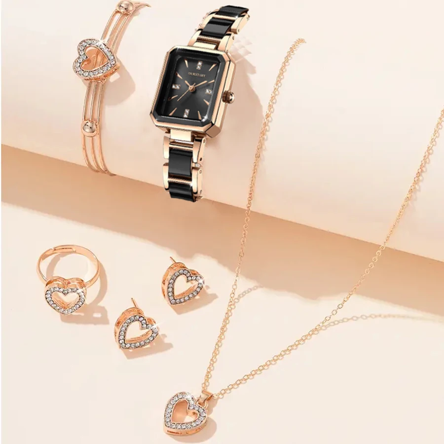 6 шт. женские наборы часов модные квадратные кварцевые водонепроницаемые часы из нержавеющей стали розовое золото