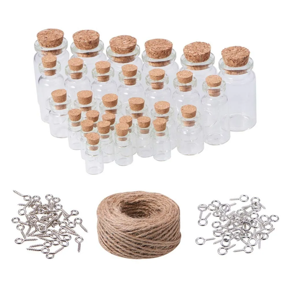 40pcs Mini Glass Bottles with Cork Stoppers Wish Bottles Tiny Glass Jars Favor Jars with 80pcs Eye Screws 30 Yards Hanging Rope