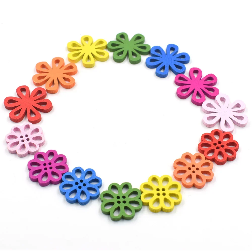 50pcs random mixed colors Flower Shape Wood Buttons  for Handwork Sewing DIY Clothing Crafts Accessories Gift Card Decor