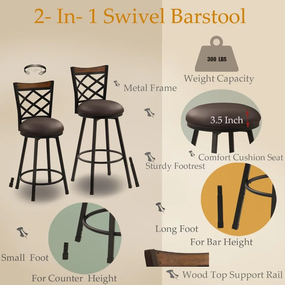 Swivel Bar Stools Set of 2, 24/29 Inch (2-In-1) Adjustable Seat Height Bar Stool with Back,Kitchen Island Bar stool