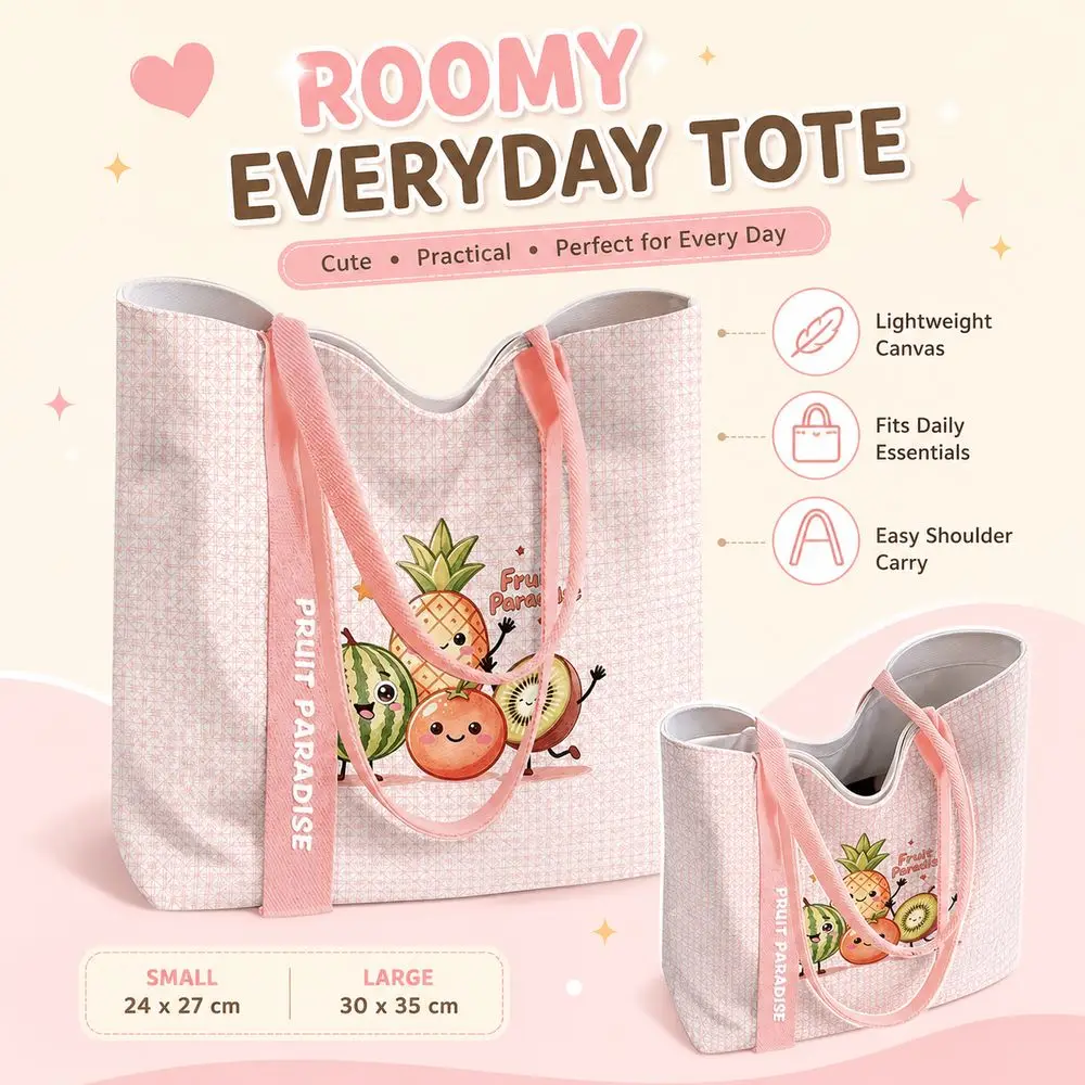 Cartoon Fruit Park Canvas Bag Reusable Large Capacity Shoulder Bag Lightweight Versatile Tote Bag Students and Women