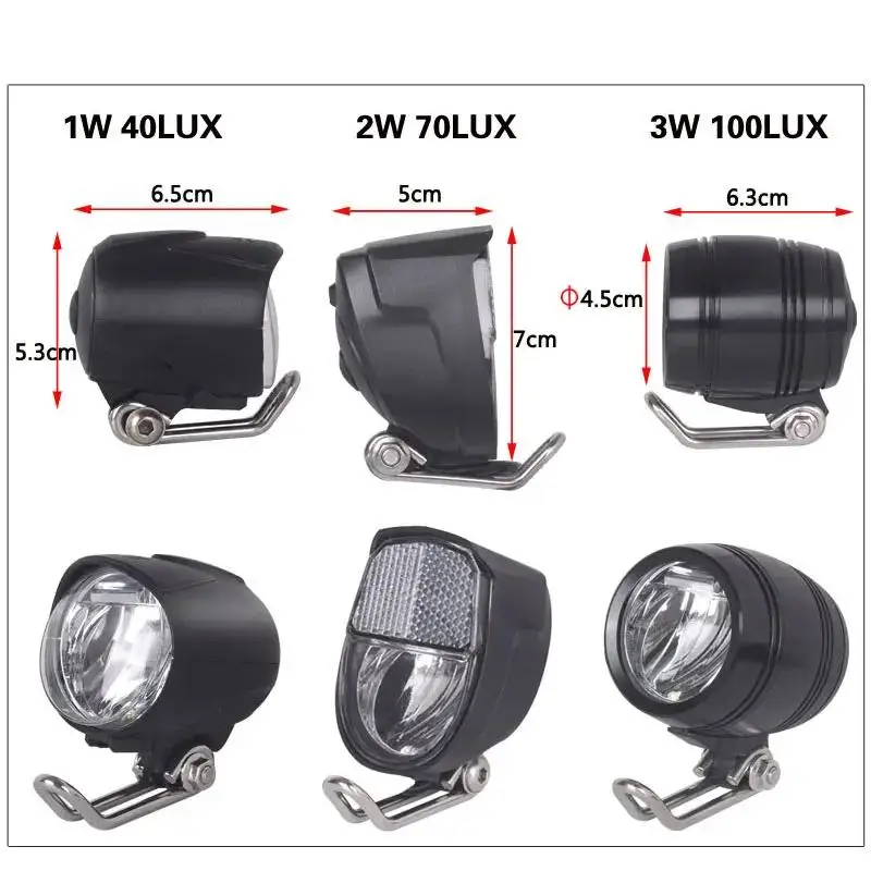 Universal Front Light for Electric Bicycle, Headlamp for E-bike, Compatible with 1W, 2W, 3W, 40, 70, 100 LUX, 6V-80V