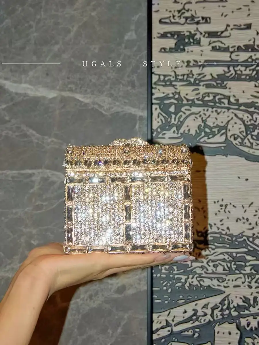 

Gold Metallic Mini Clutch Purse Glitter Rhinestones Diamond Banquet Bag Women Handbag Luxury Crystal Evening Bag Shoulder Bag
