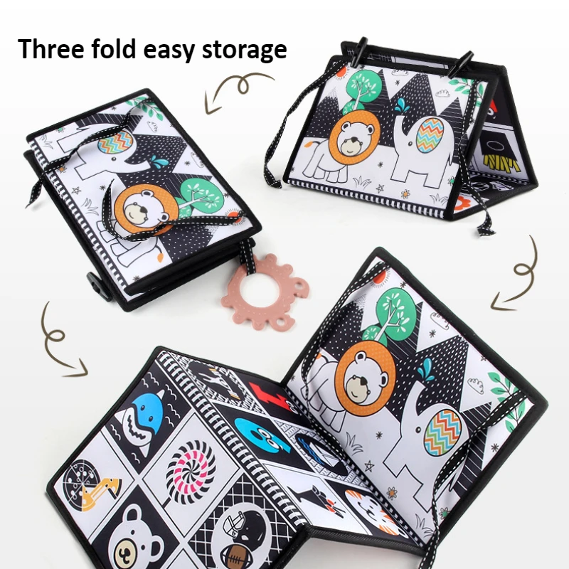 Libro de tela plegable de alto contraste con espejo de seguridad para bebé, juguete sensorial Montessori para regalo