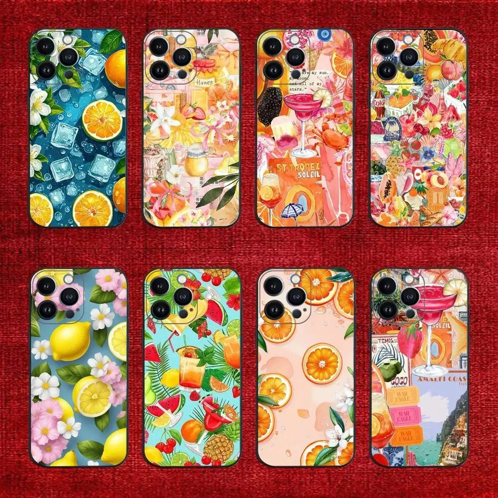 

Fruit Juice Flower Pattern Phone Case For iPhone 16e,16,15,14,13,12,11,Pro,X,XS,Max,XR,Plus,Mini Soft Black Cover