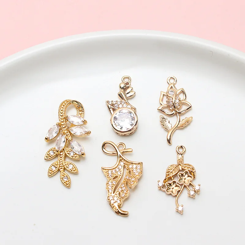 

6 шт., медные инкрустированные цирконом, маленькие цветочные листья, сказочные серьги, кулон, ювелирные изделия своими руками, браслет, ожерелье, аксессуары, материал, подвески