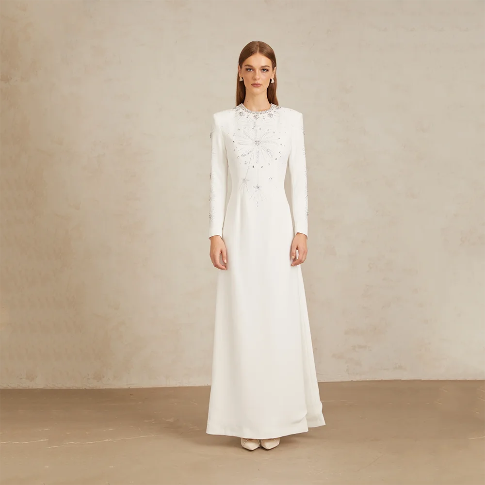 

Customized O-Neck Long Evening Dresses Elegant Formal Occasion Prom Gowns Crystal 2025 White Ankle Length Prom Dresses