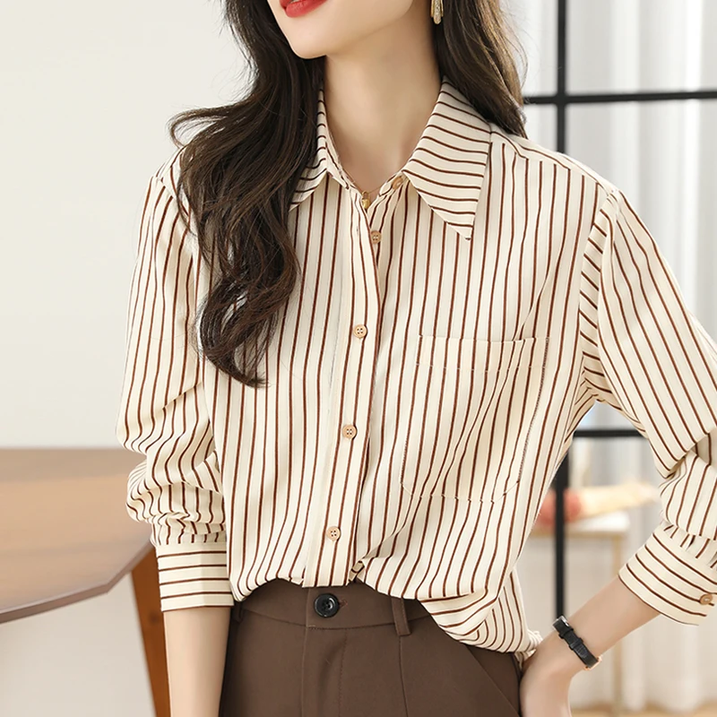 

Striped Shirt Women Spring Autumn Vintage Chic Loose Long Sleeve Top Office Ladies Fashion Casual All Match Blouse