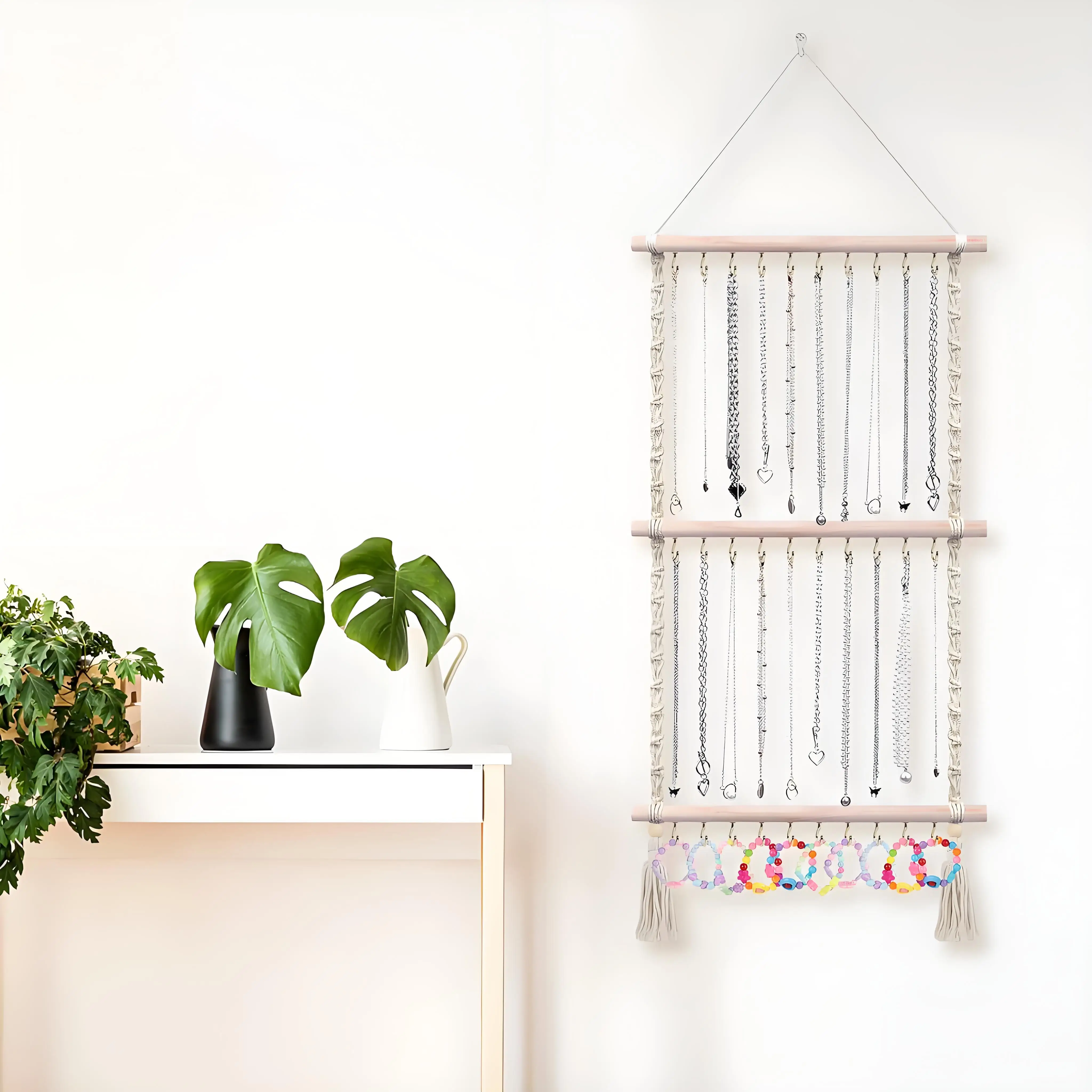 Organizador de joyas hecho a mano bohemio, estante de pared, almacenamiento para accesorios para el cabello, diademas para bebés y más, elegante y funcional