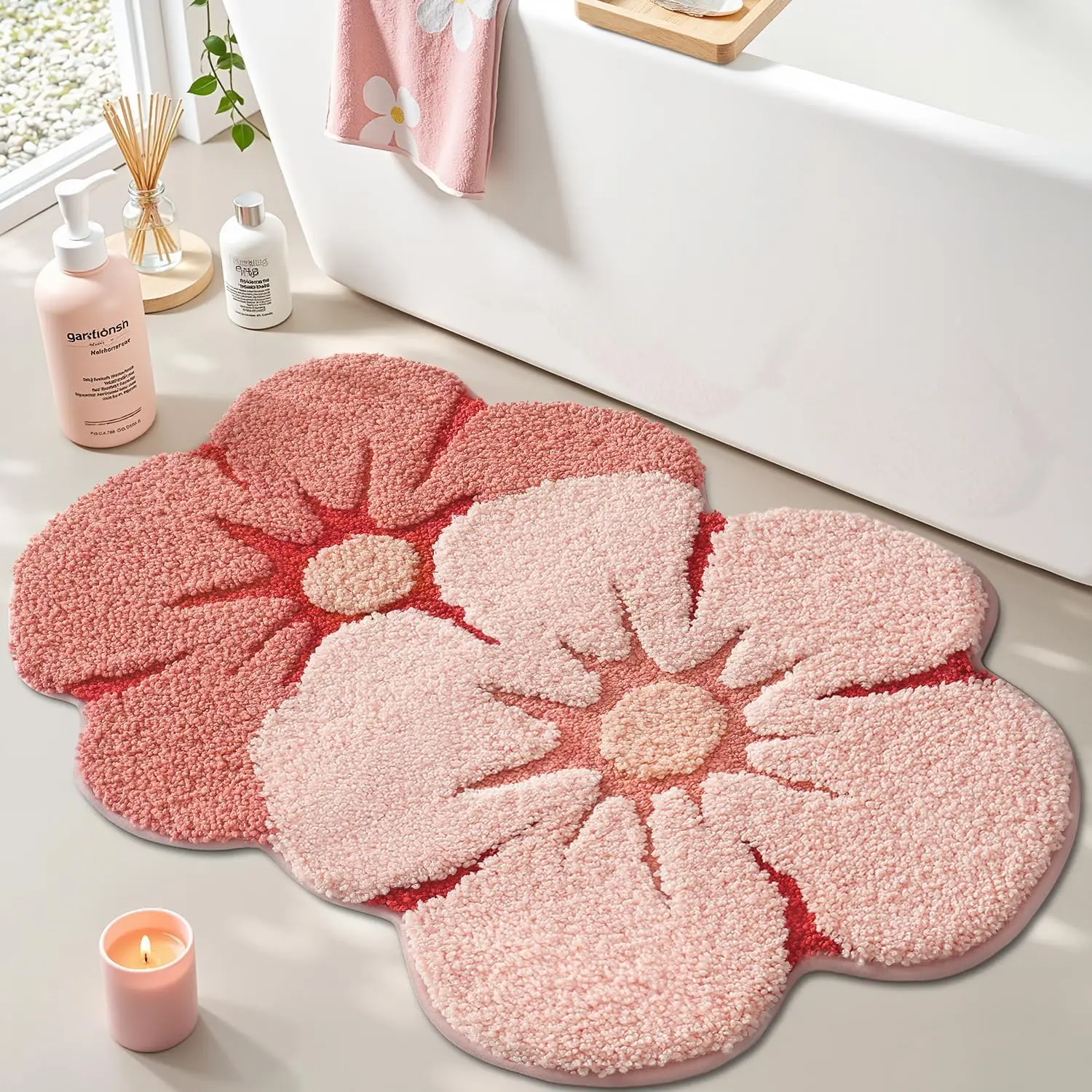 

Flower Bath Rug, Funny Floral Bath Mat, Soft Plush Fluffy Red Rug, Absorbent, Non-Slip for Bathroom, Kitchen Sink, Bedroom,