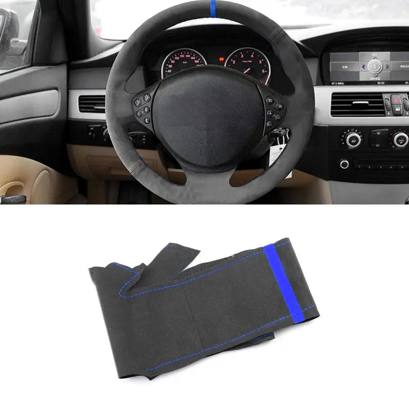 

For BMW M Sport E36 1996-2000 E39 1995-2001 Z3 E36/7 M3 E36 M5 E39 3-Spoke Suede Leather Steering Wheel Cover blue strip thread