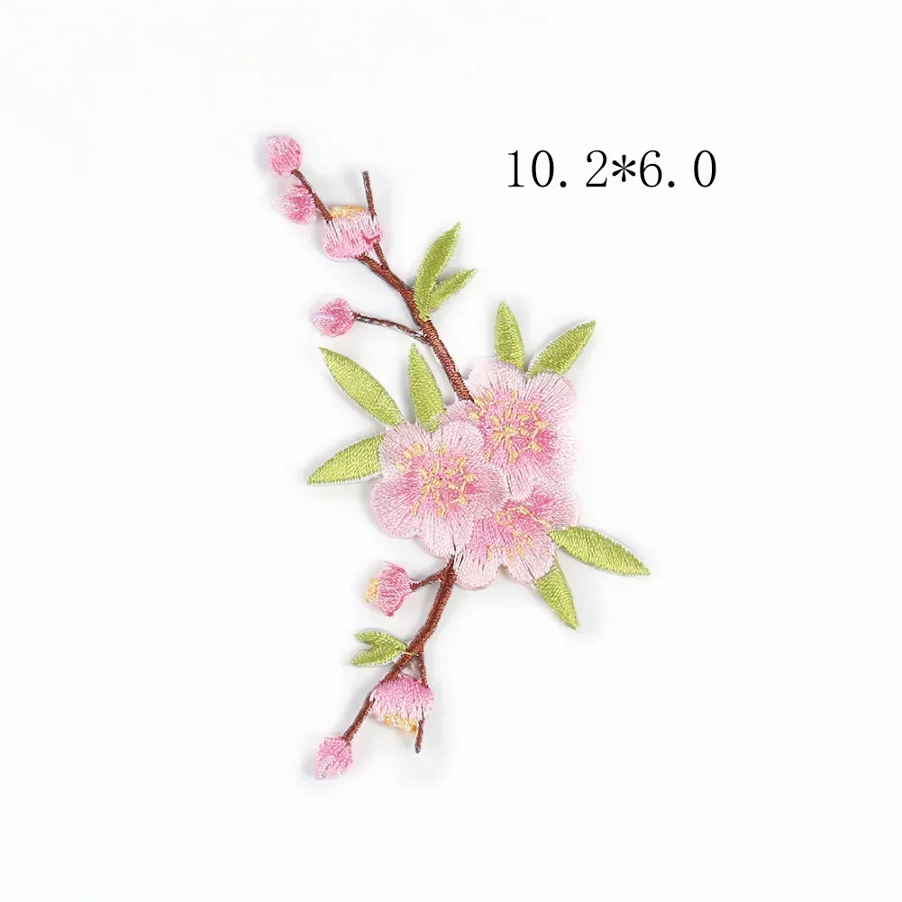 Pink Flowers with Branch Embroidered Appliques for Clothing Peach Blossom Exquisite Iron on Patches Woman Shirt Pant DIY Decor