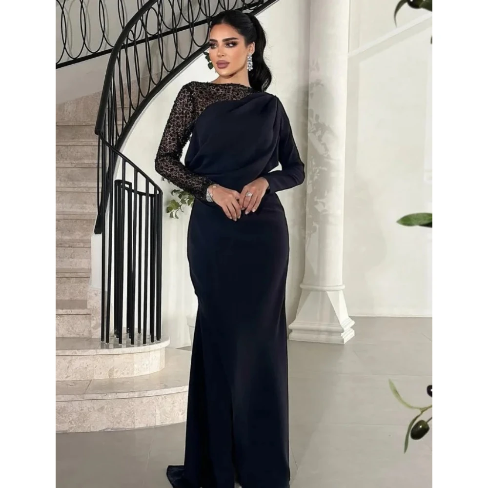 

Черное вечернее платье для выпускного вечера по индивидуальному заказу длиной до пола, расшитое блестками и длинными рукавами, вечерние платья с вырезом лодочкой, женский халат Sirene Soiree