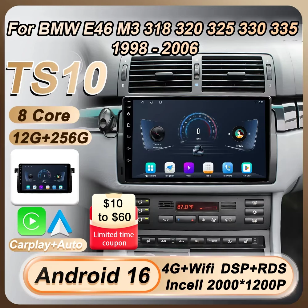 

For BMW E46 M3 318 320 325 330 335 1998-2006 Wireless Carplay Auto Android 16 Car Radio Multimedia Player GPS Navigation 4G Wifi