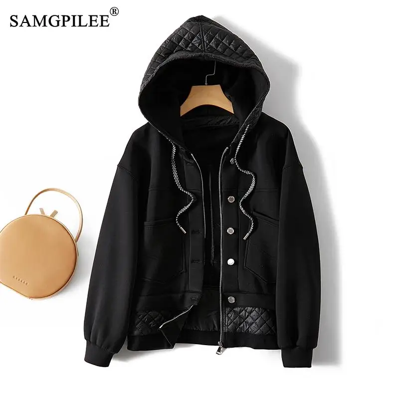 

European Winter Jacket Women 2022 Fake Two-piece Quilted Slim Hooded Short Jacket 2022 Autumn Winter Black Jackets Woman 4XL