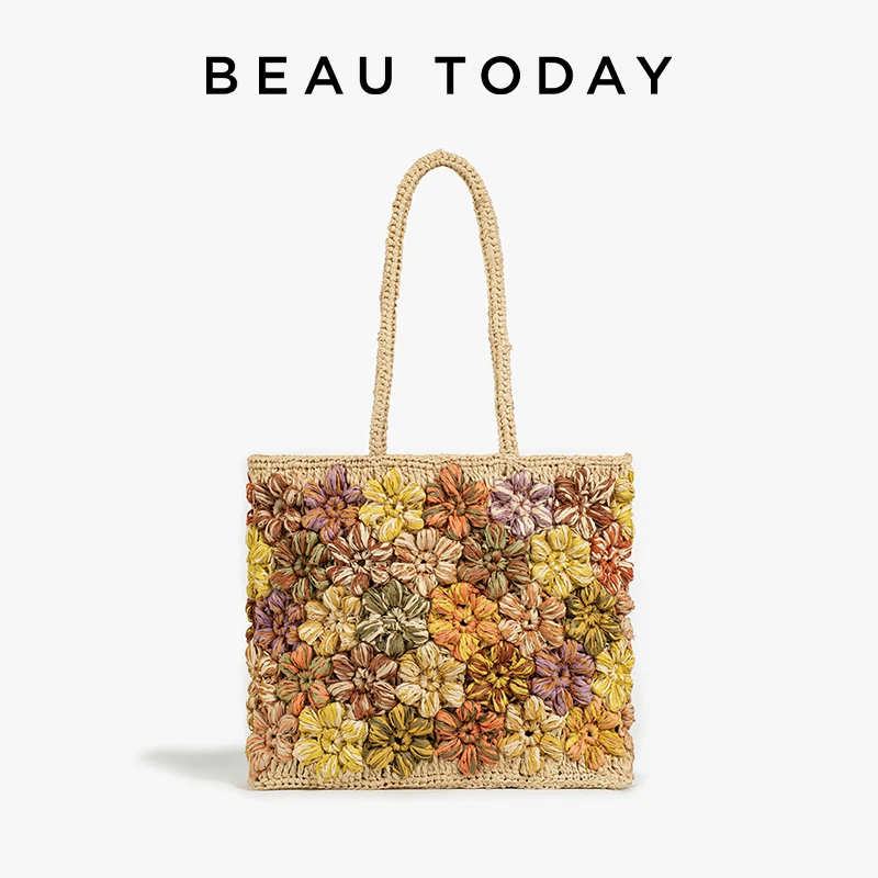 BEAUTODAY Tote Bags Women Raffia Mixed Color Woven Square Flowers Decoration Interior Slot Pocket Ladies Bags Handmade 62171