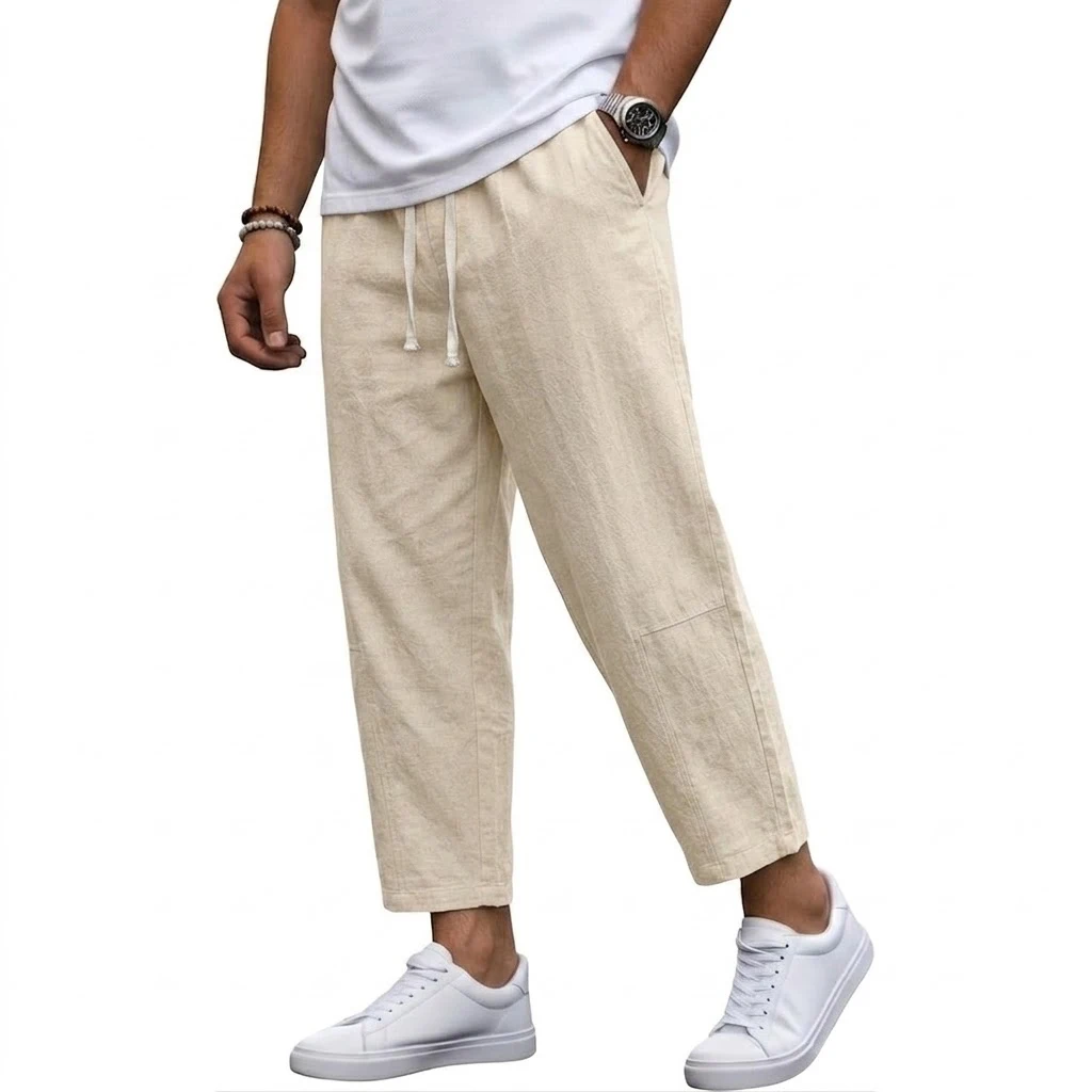 Koreanische Leinenhose für Herren, Baggy Pants für den Sommer, Gym-Hose, Loose Harem Pants, Leichte Sweatpants, Baumwoll-Arbeitshose, Gerade Hose – Detail 4