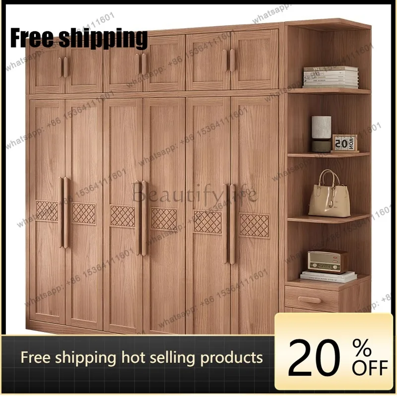 LX Nordic ash wood solid wood wardrobe multi-functional storage large capacity door