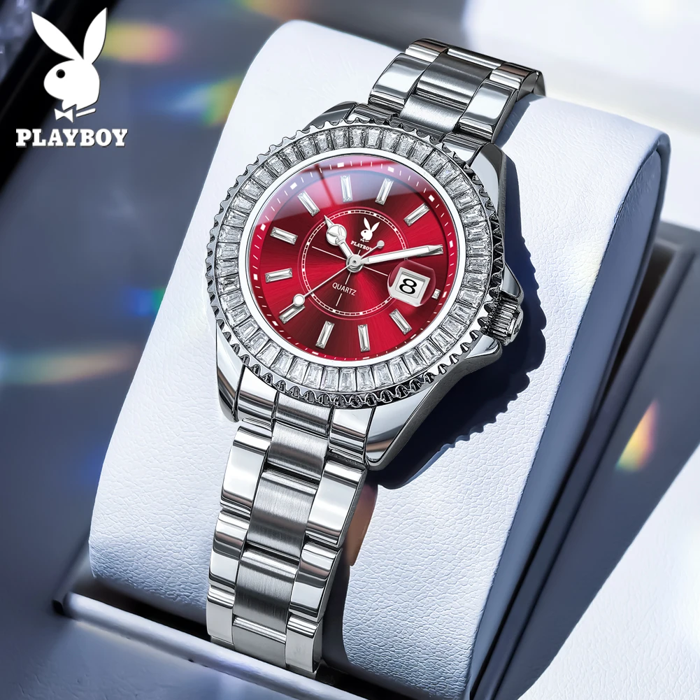 PLAYBOY Top Luxury Women's Quartz Watches Original Fashion Delicate Diamond Bezel Auto Date Waterproof Elegant Ladies Watch 3528