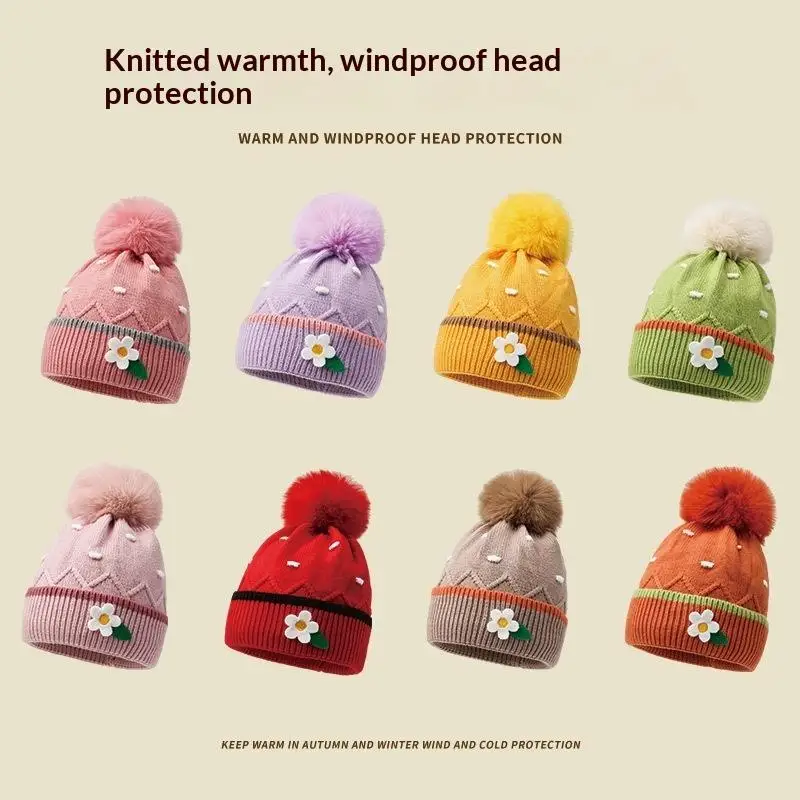 

Cute Knitted Ball Cap For Girls Children's Hat Autumn Winter Warm Floral Patterned Yarn Hat Korean Style Baby Ball Cap