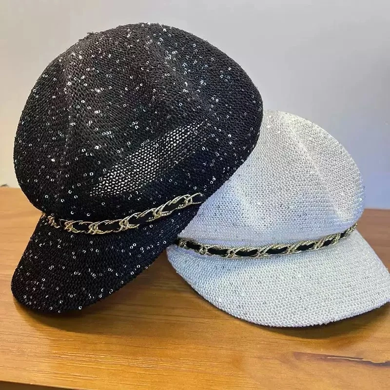 

Sequin Newsboy Cap for Women Korean Style Hollow Breathable Summer Hat Face Slimming Visor Cap for Outdoor Sun Protection