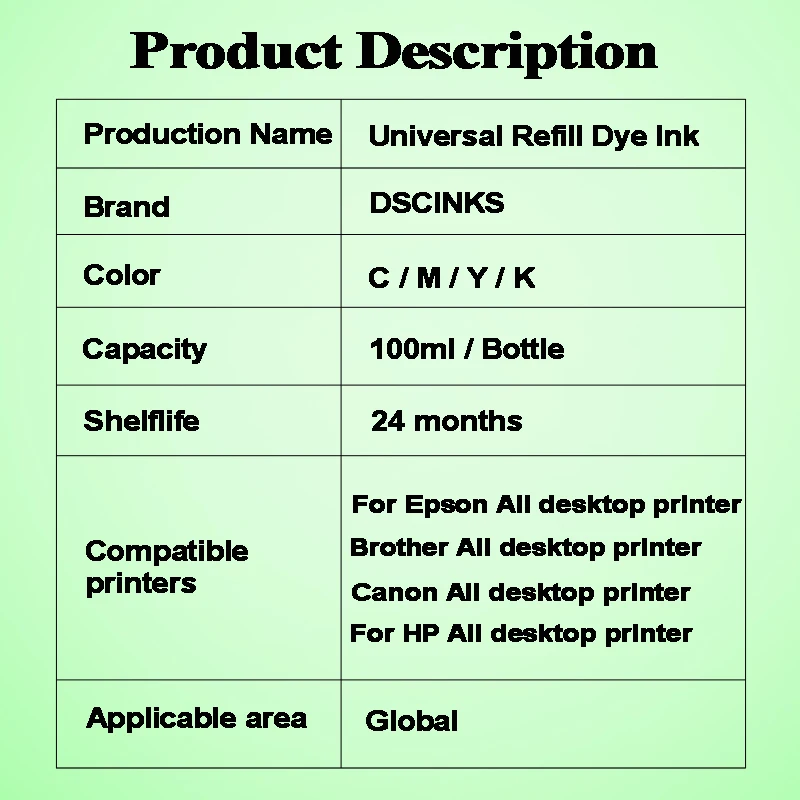 100ml Universal Dye Ink BK C M Y Kit Compatible For HP Canon Epson Brother Deskjet Inkjet Printer Tank Cartridges CISS