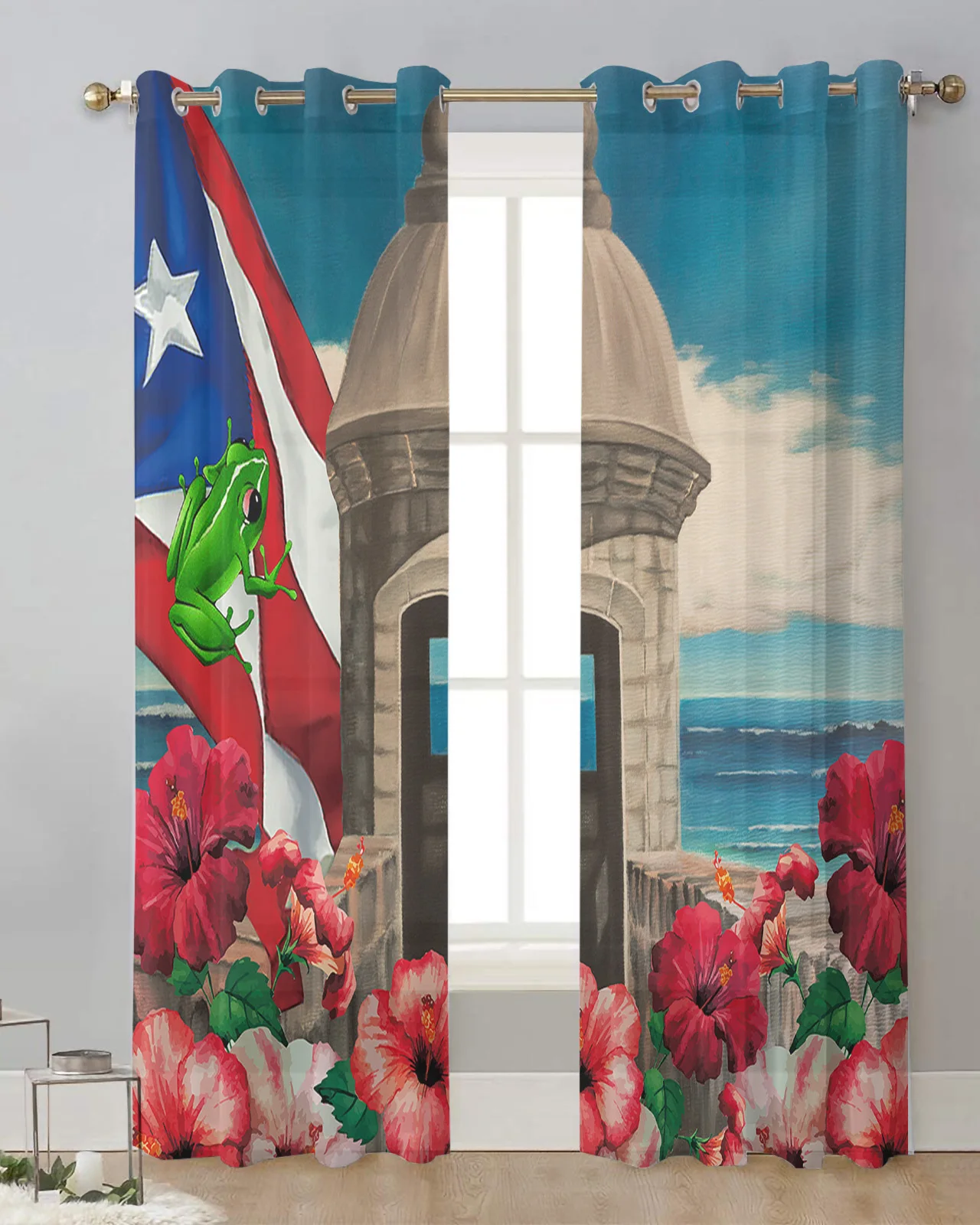 Puerto Rico Flag Hibiscus Flower Bedroom Voile Curtain Window Treatment Drapes Tulle Curtains for Living Room Sheer Curtains