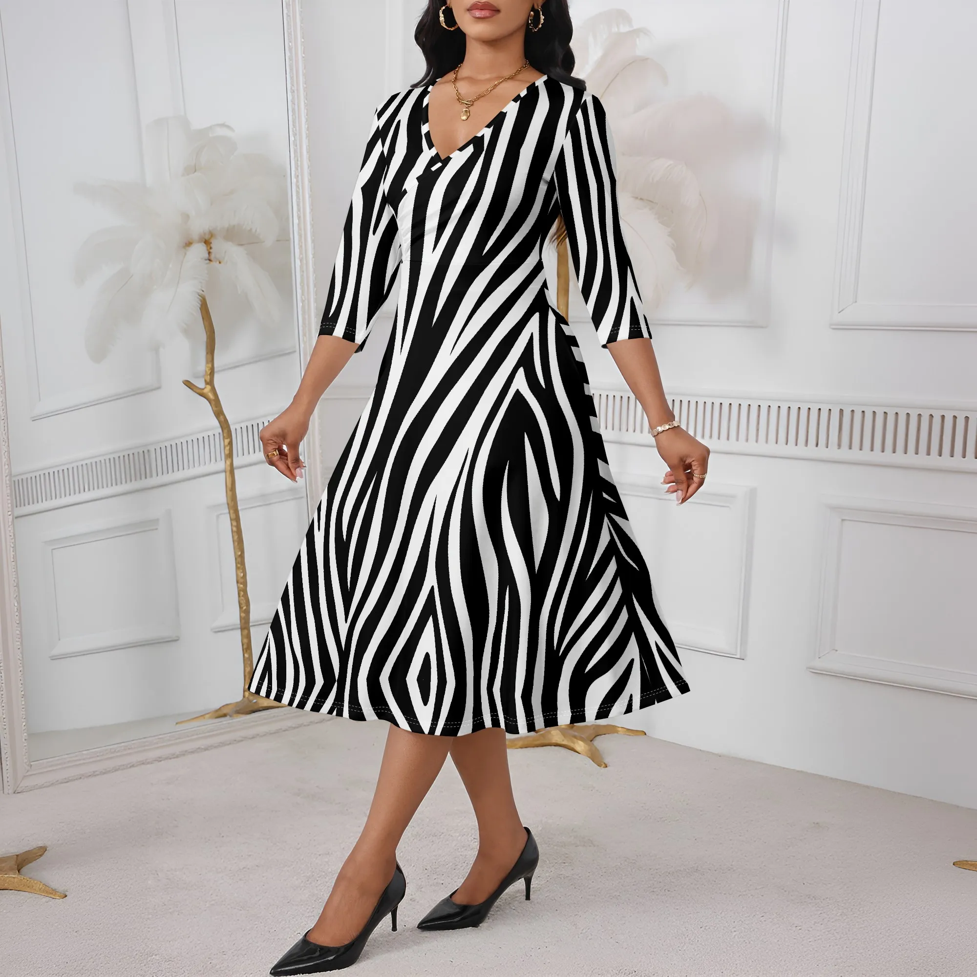 

Black White Zebra Print Wrap Dress XS-3XL V-Neck 3/4 Sleeve A-Line Midi Style for Monochrome Party, Art Show or Workwear Look