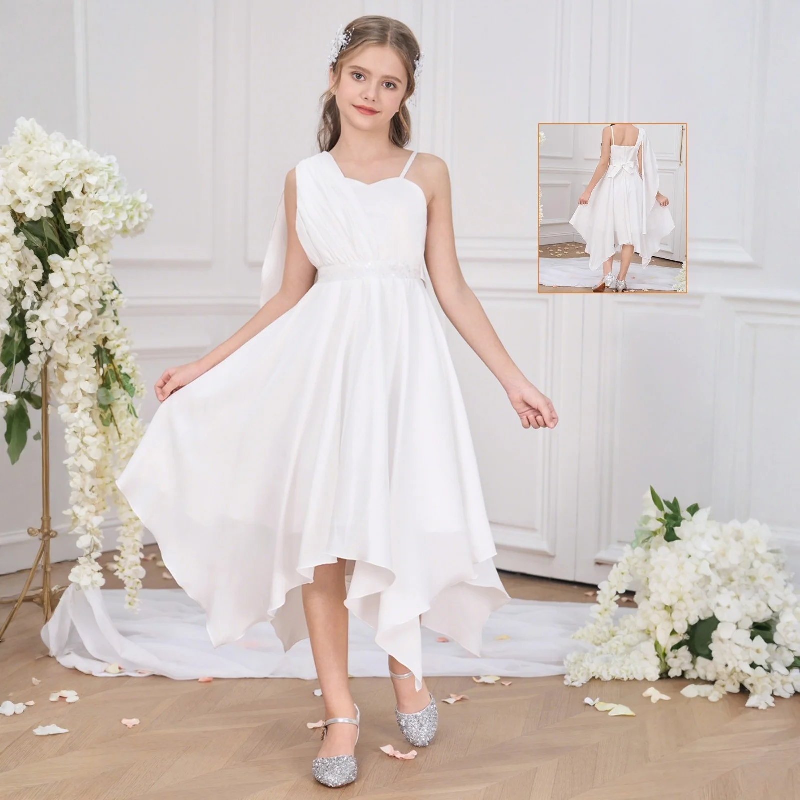 

Elegant Irregular White Baptismal Party Girl Dress Fashion Bridesmaid Wedding Princess Dress Kids Birthday Graduation Prrom Gown