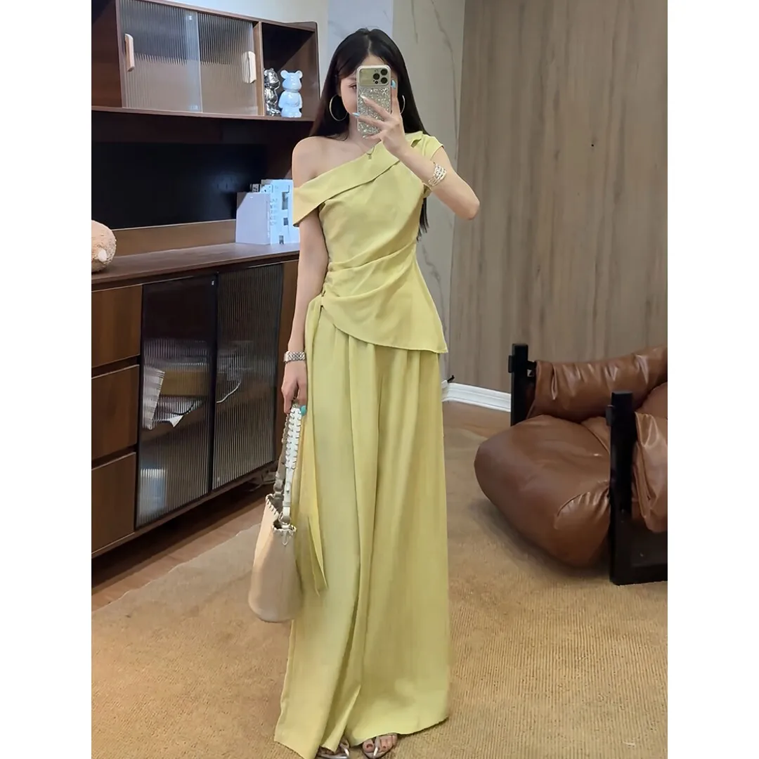 

2026 Summer New Arrivals High-Quality Women's Fashion Set - Designable Slant Collar Top with High-Waisted Wide Leg Pants