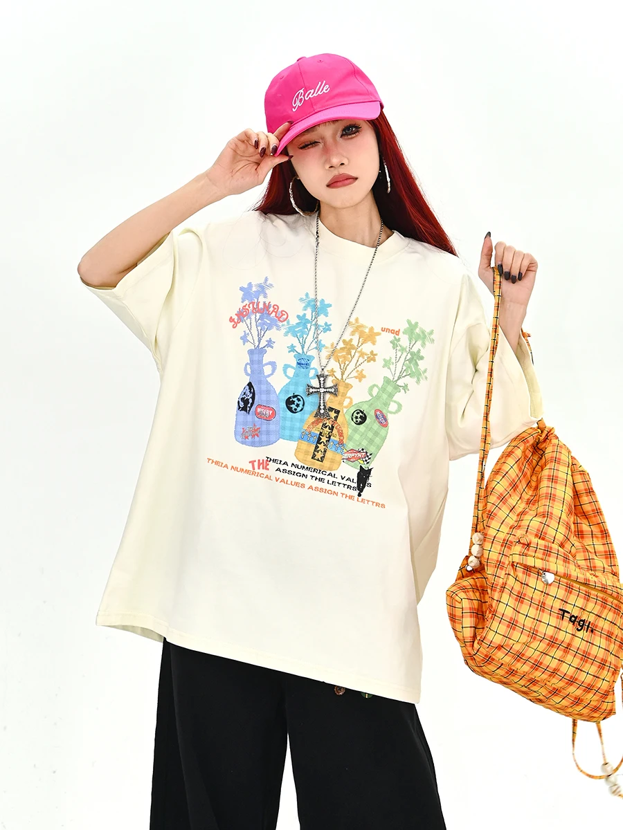 

Summer New Loose Women's T-irt f Sve Casual Comfortable Plaid Flower Vase Street Sle round Ne ort Sve Top