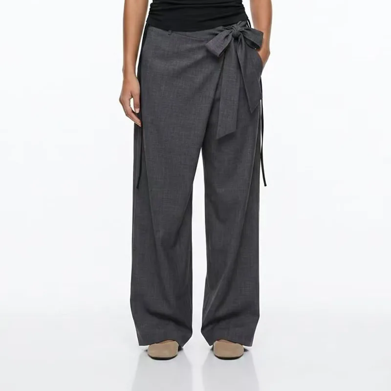 Women's Bow-Detail Pants, Wool-Blend Wide-Leg Pants, Casual and Versatile High-Quality Straight-Leg Pants, 2026, New Arrival,