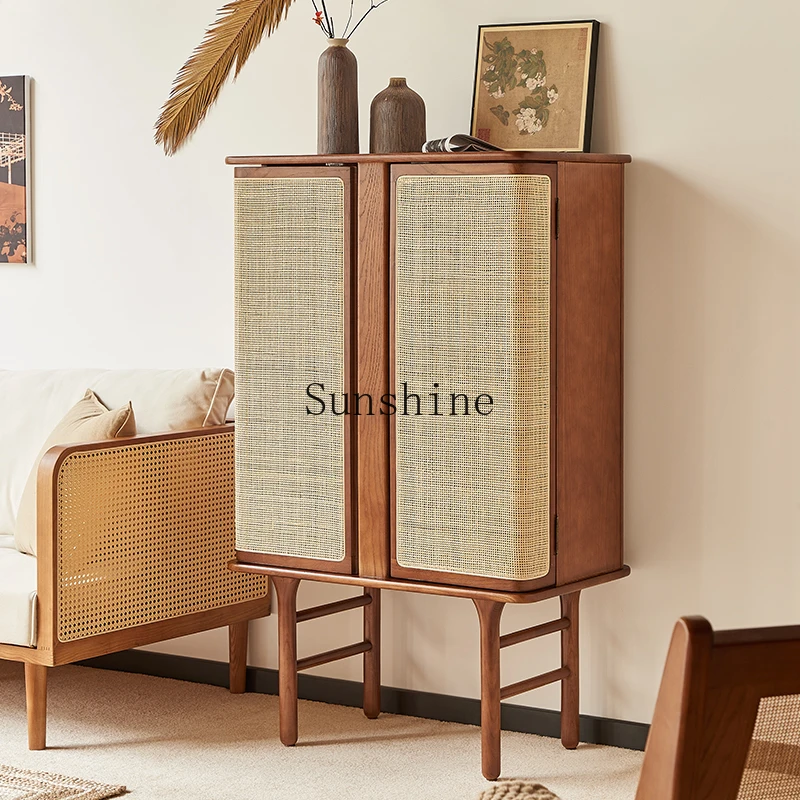 

French retro dining side solid wood wall side cabinet medium ancient black log rattan storage