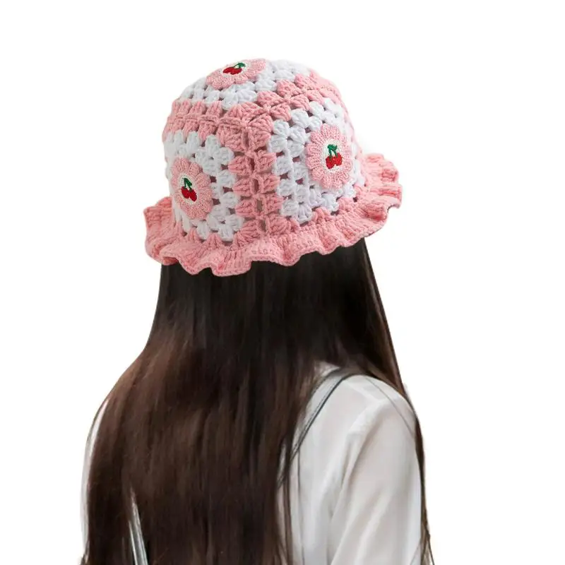 Crochet Hats For Women Ruffled Women Bucket Hat Crochet Knit Sun Hat Knitted Fishing Hat Breathable Knit Bucket Hat For Women