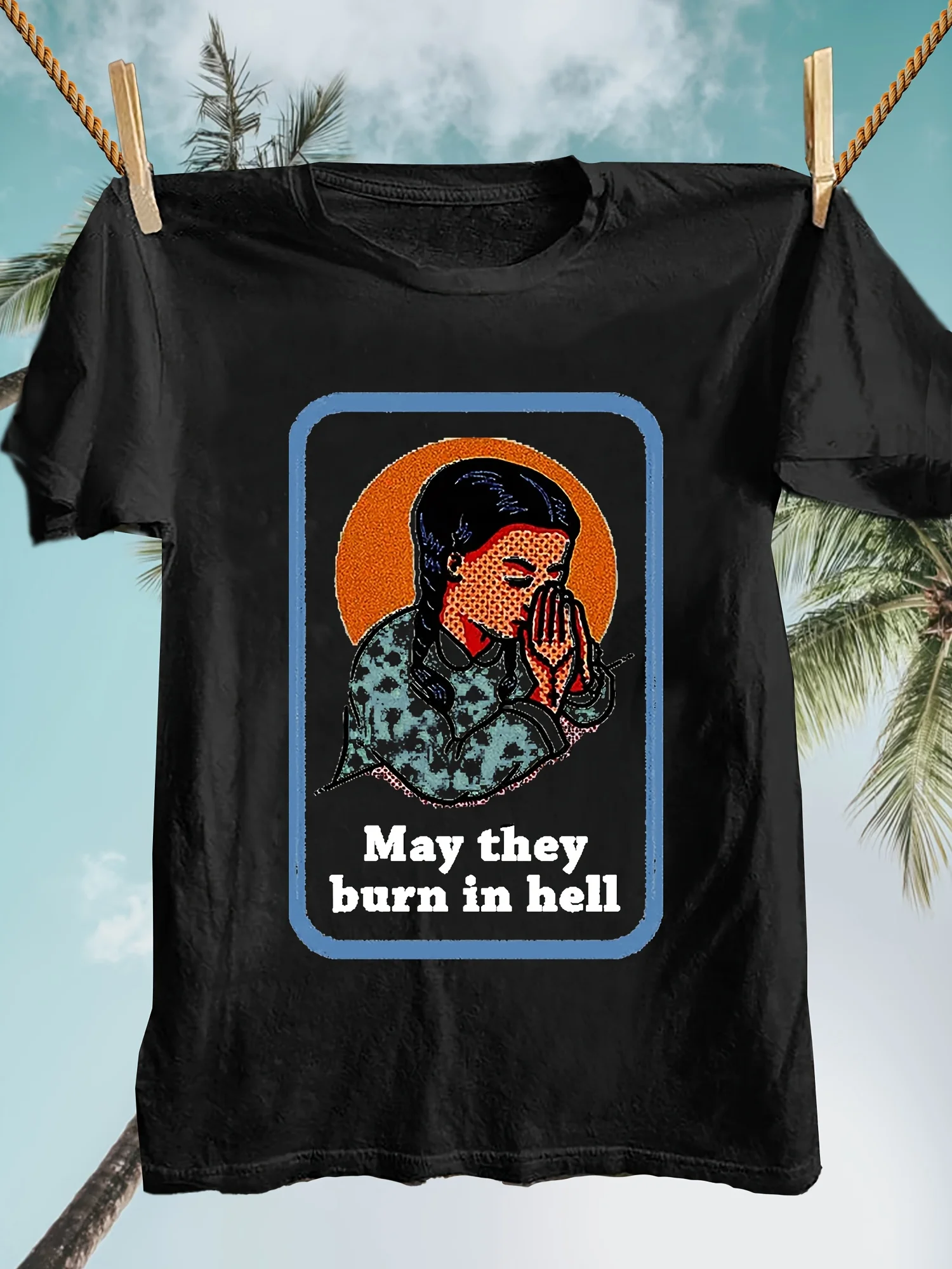 Camiseta gráfica retro punk de Pascua para hombre, divertido diseño de Ángel de Jesús MayThey Burn in Hell, suave 100 algodón, negro con estampado naranja y azul