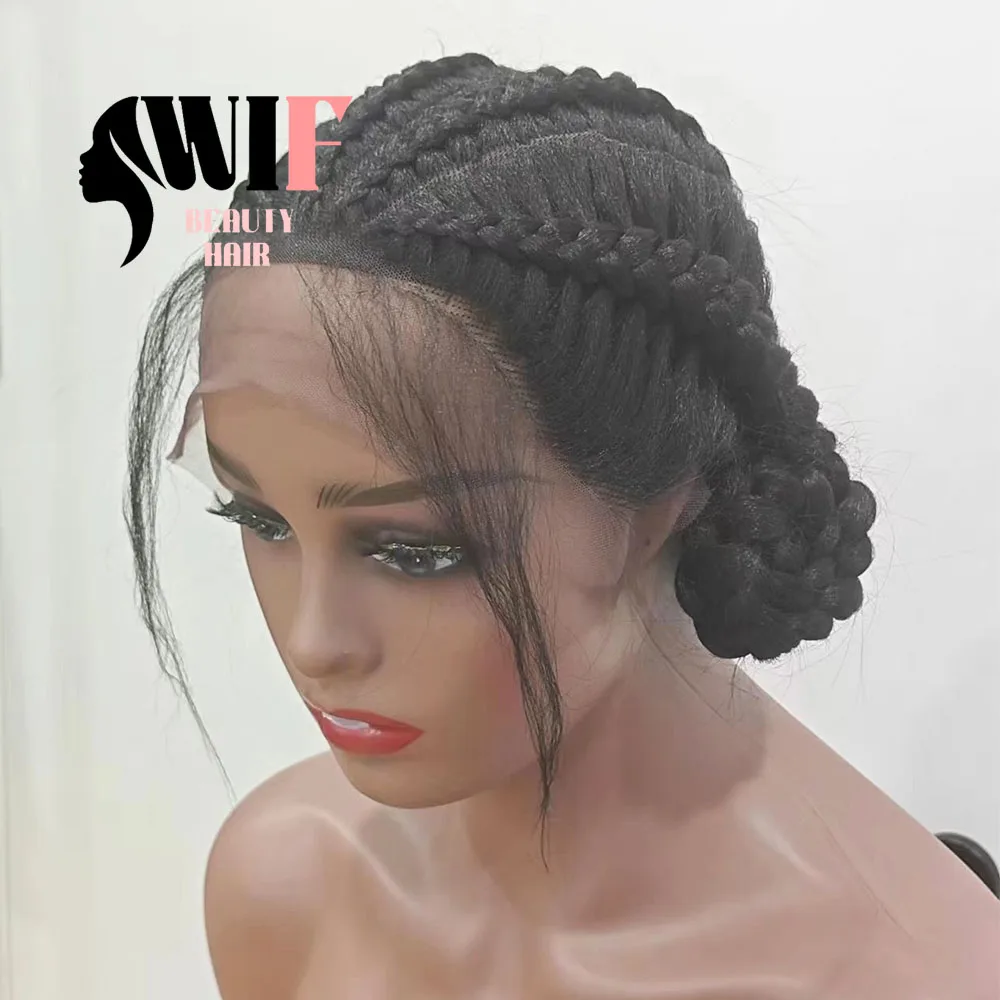 

WIF Black Box Braided Synthetic Wig for Black Women Natural Hairline with Bangs Bun Braids Lace Wigs Women Daily Braiding Hair