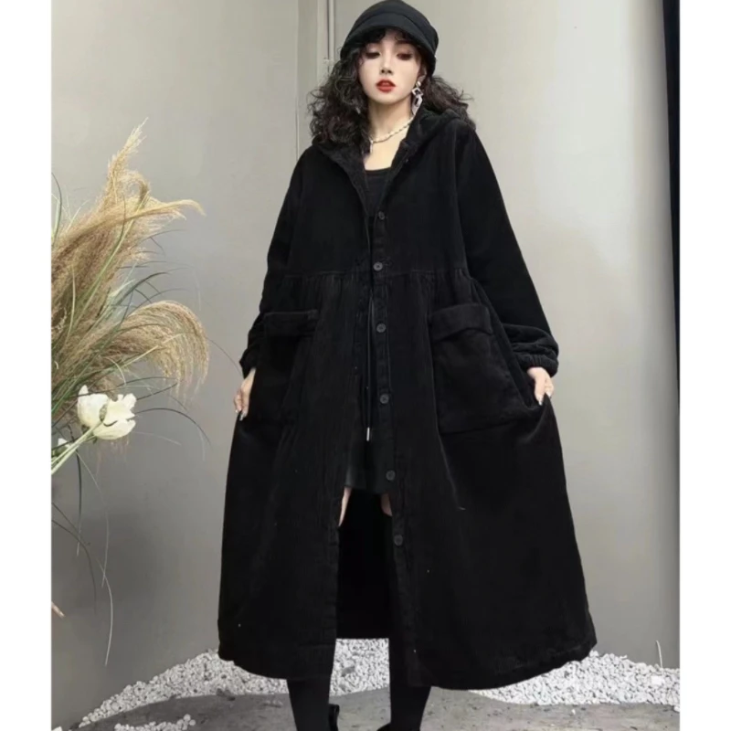 

Autumn Winter Long Windbreaker Coat Women 2025 New Fashion Loose Casual Thicken Corduroy Jacket Pure Colour Outerwear Female
