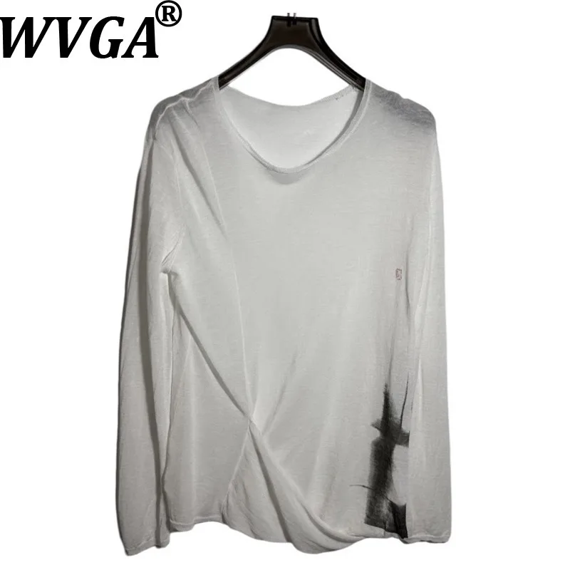 

Мужской свитер WVGA: новинка весна-осень, с узором «косичка», принтом «чернила», полупрозрачный, фактурный трикотаж, нишевый шик, повседневный топ, Ins W21518