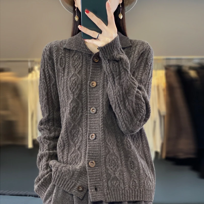 

Pure Wool.2024 Autumn And Winter New Solid Color Cardigan ForWomen, thickened. Loose And LazyLong Sleeved Wool Knitted Top